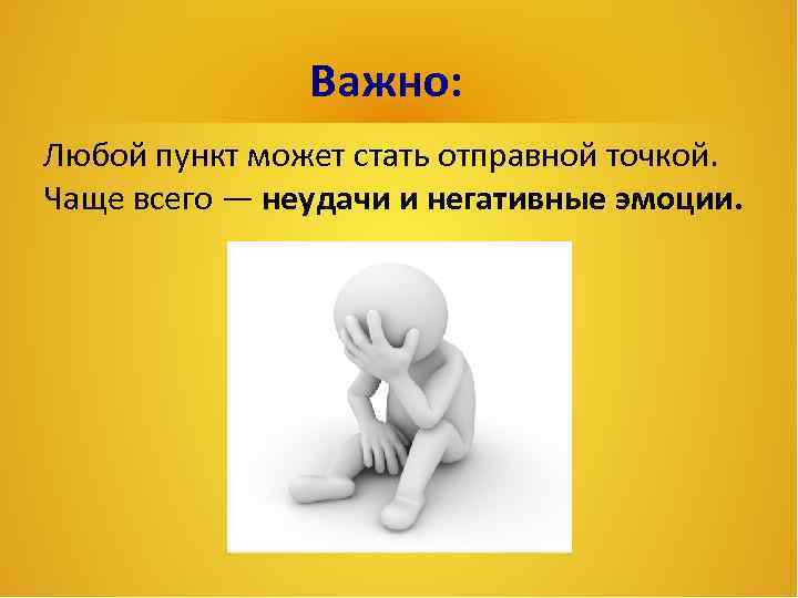 Важно: Любой пункт может стать отправной точкой. Чаще всего — неудачи и негативные эмоции.