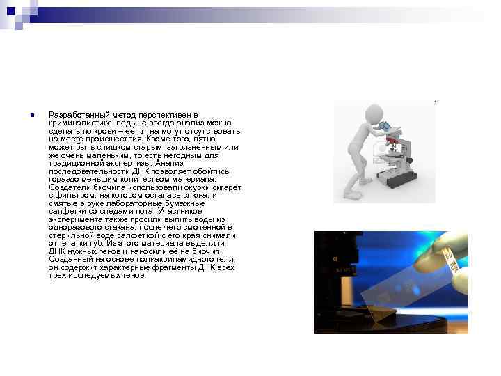 n Разработанный метод перспективен в криминалистике, ведь не всегда анализ можно сделать по крови