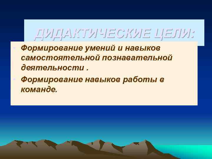 ДИДАКТИЧЕСКИЕ ЦЕЛИ: • Формирование умений и навыков самостоятельной познавательной деятельности. • Формирование навыков работы