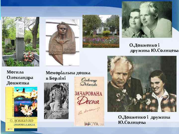 О. Довженко і дружина Ю. Солнцева Могила Олександра Довженка Меморіальна дошка в Берліні О.