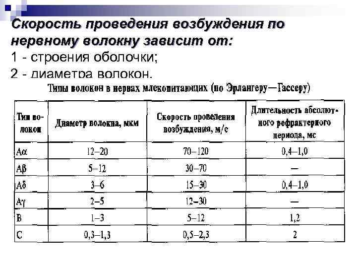 Скорость проведения возбуждения по нервному волокну зависит от: 1 - строения оболочки; 2 -
