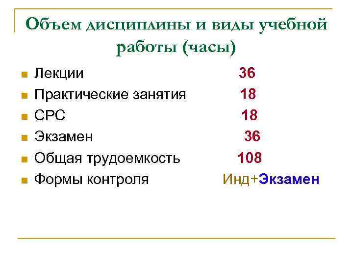 Объем дисциплины и виды учебной работы (часы) n n n Лекции 36 Практические занятия