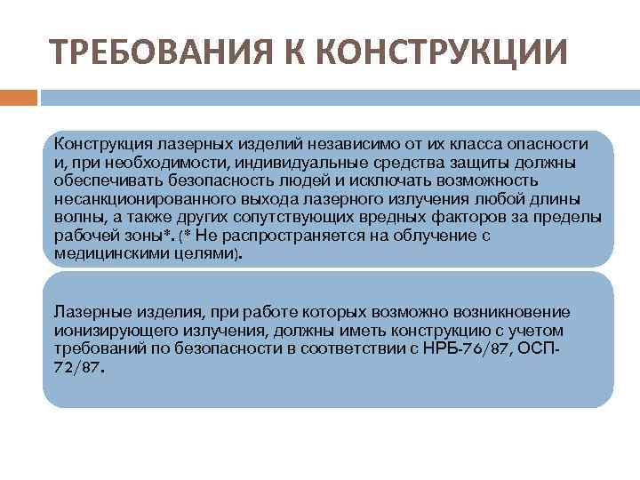 ТРЕБОВАНИЯ К КОНСТРУКЦИИ Конструкция лазерных изделий независимо от их класса опасности и, при необходимости,