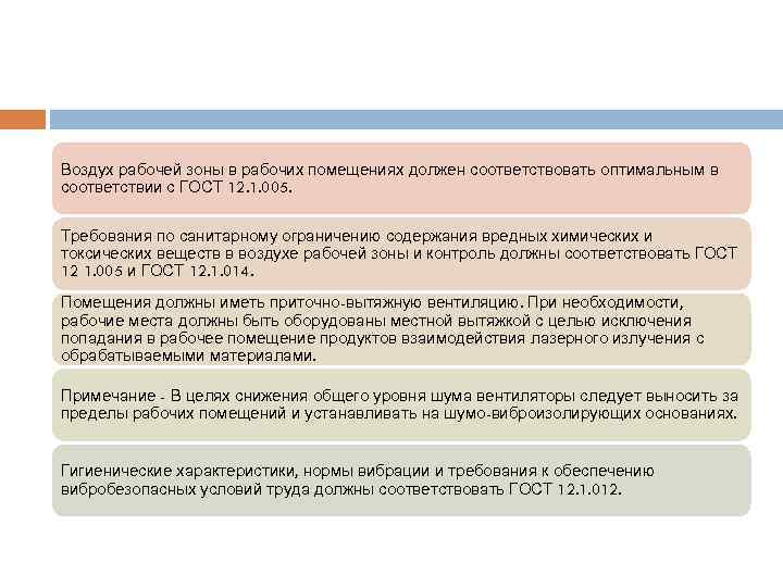 Воздух рабочей зоны в рабочих помещениях должен соответствовать оптимальным в соответствии с ГОСТ 12.