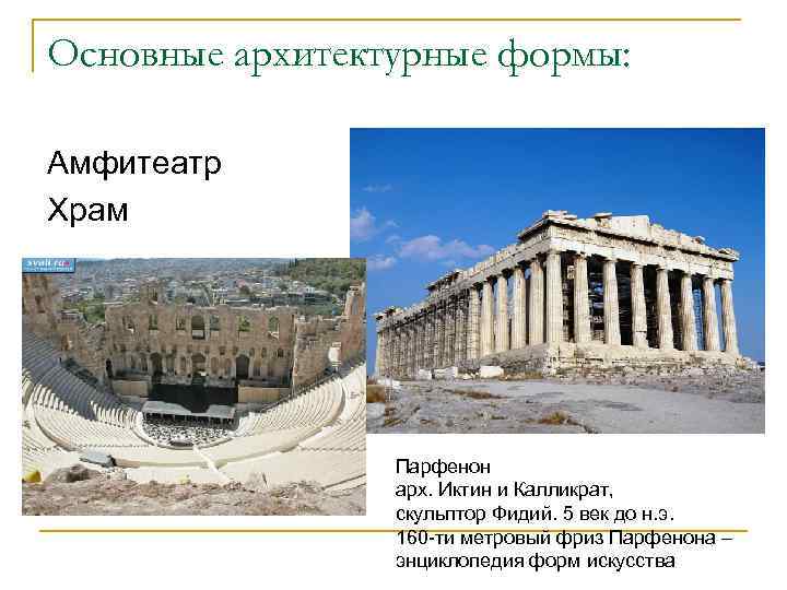 Основные архитектурные формы: Амфитеатр Храм Парфенон арх. Иктин и Калликрат, скульптор Фидий. 5 век