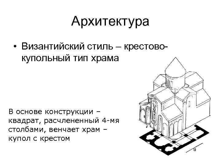 Архитектура • Византийский стиль – крестовокупольный тип храма В основе конструкции – квадрат, расчлененный