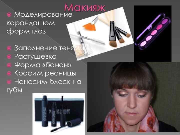 Макияж Моделирование карандашом форм глаз Заполнение тенями Растушевка Форма «банан» Красим ресницы Наносим блеск
