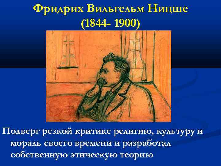 Фридрих Вильгельм Ницше (1844 - 1900) Подверг резкой критике религию, культуру и мораль своего