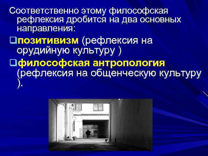 Соответственно этому философская рефлексия дробится на два основных направления: позитивизм (рефлексия на орудийную культуру