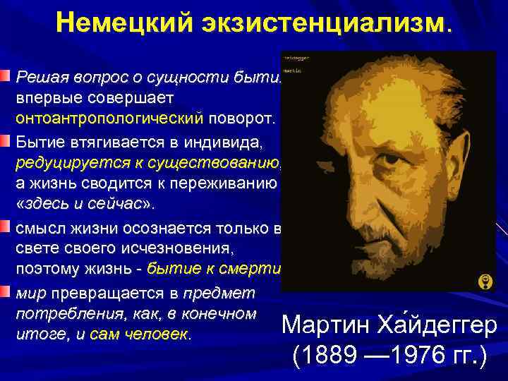 Немецкий экзистенциализм. Решая вопрос о сущности бытия, впервые совершает онтоантропологический поворот. Бытие втягивается в