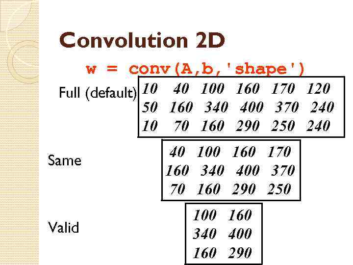 Convolution 2 D w = conv(A, b, 'shape') Full (default) 10 40 100 160