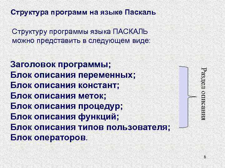 Структура программ на языке Паскаль Структуру программы языка ПАСКАЛЬ можно представить в следующем виде: