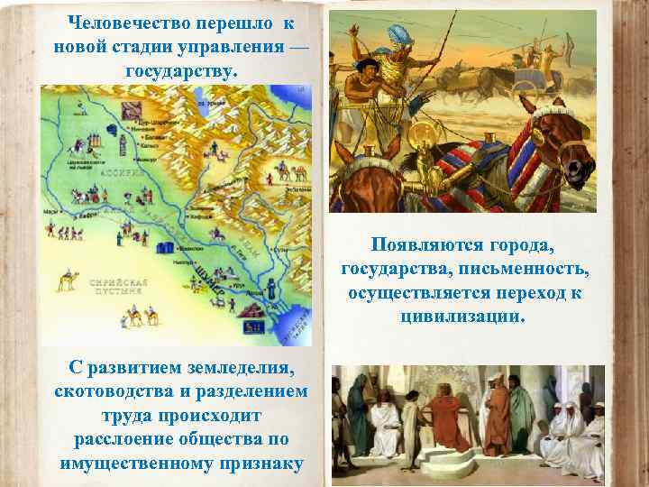 Человечество перешло к новой стадии управления — государству. Появляются города, государства, письменность, осуществляется переход