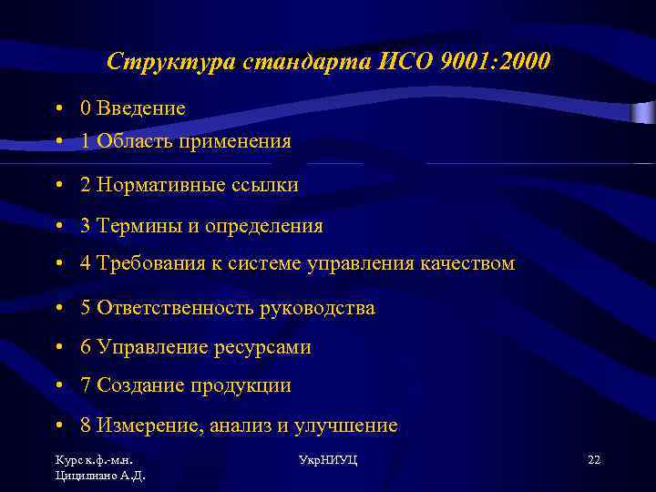 Структура стандарта ИСО 9001: 2000 • 0 Введение • 1 Область применения • 2