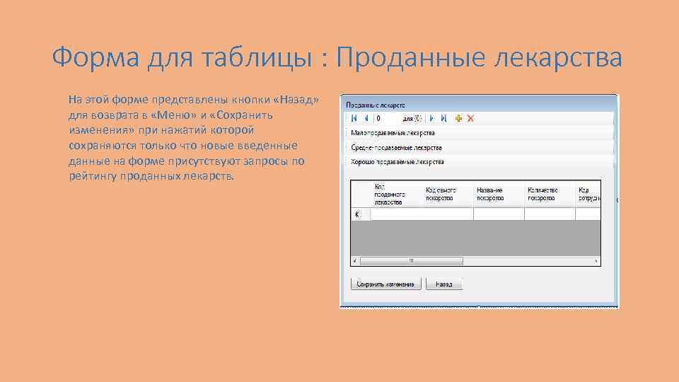 Форма для таблицы : Проданные лекарства На этой форме представлены кнопки «Назад» для возврата