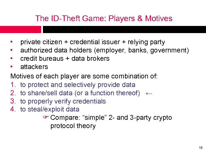 The ID-Theft Game: Players & Motives • private citizen + credential issuer + relying