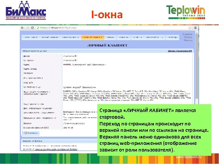 I-окна Страница «ЛИЧНЫЙ КАБИНЕТ» является стартовой. Переход по страницам происходит по верхней панели или