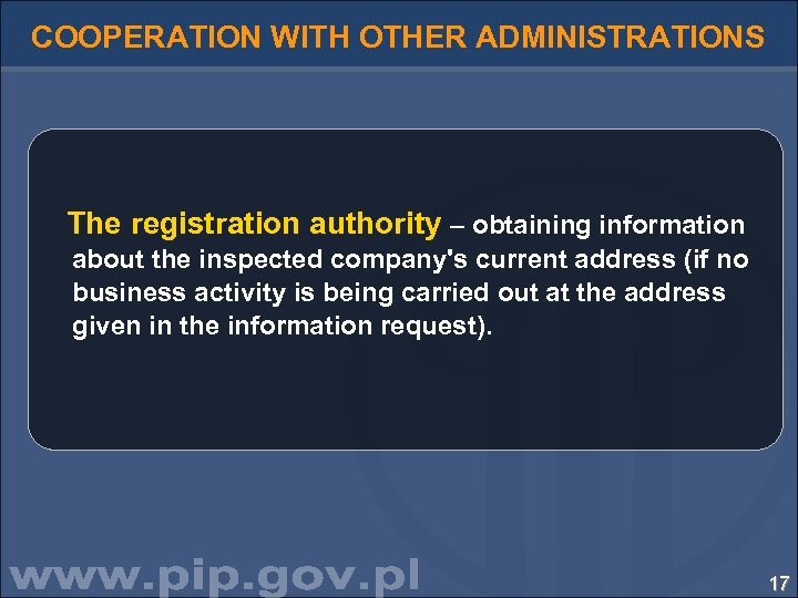 COOPERATION WITH OTHER ADMINISTRATIONS The registration authority – obtaining information about the inspected company's