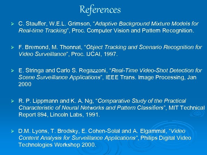 References Ø C. Stauffer, W. E. L. Grimson, “Adaptive Background Mixture Models for Real-time