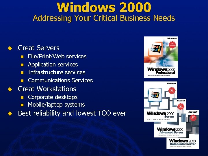 Windows 2000 Addressing Your Critical Business Needs u Great Servers n n u Great