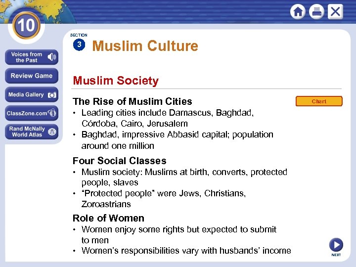 SECTION 3 Muslim Culture Muslim Society The Rise of Muslim Cities Chart • Leading