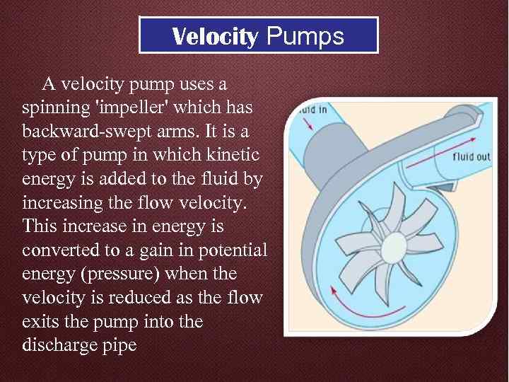 Velocity Pumps A velocity pump uses a spinning 'impeller' which has backward-swept arms. It