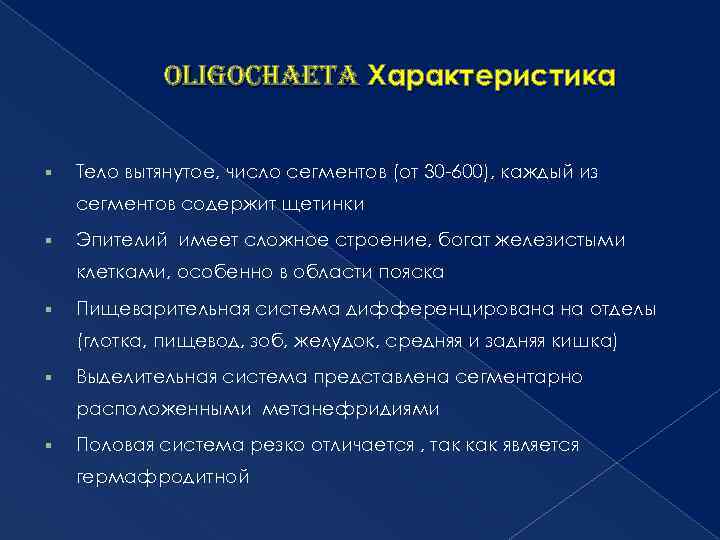 oligochaeta Характеристика Тело вытянутое, число сегментов (от 30 -600), каждый из сегментов содержит щетинки