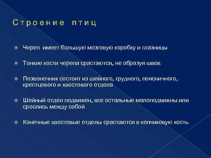 Строение птиц Череп имеет большую мозговую коробку и глазницы Тонкие кости черепа срастаются, не