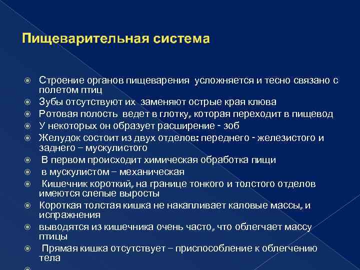 Пищеварительная система Строение органов пищеварения усложняется и тесно связано с полетом птиц Зубы отсутствуют