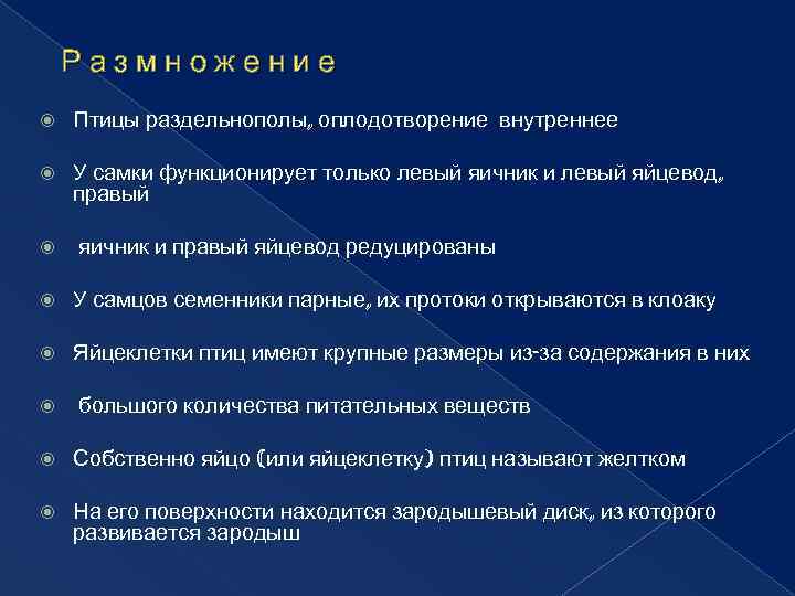 Размножение Птицы раздельнополы, оплодотворение внутреннее У самки функционирует только левый яичник и левый яйцевод,