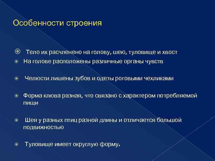 Особенности строения Тело их расчленено на голову, шею, туловище и хвост На голове расположены