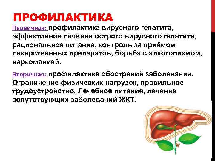 ПРОФИЛАКТИКА Первичная: профилактика вирусного гепатита, эффективное лечение острого вирусного гепатита, рациональное питание, контроль за