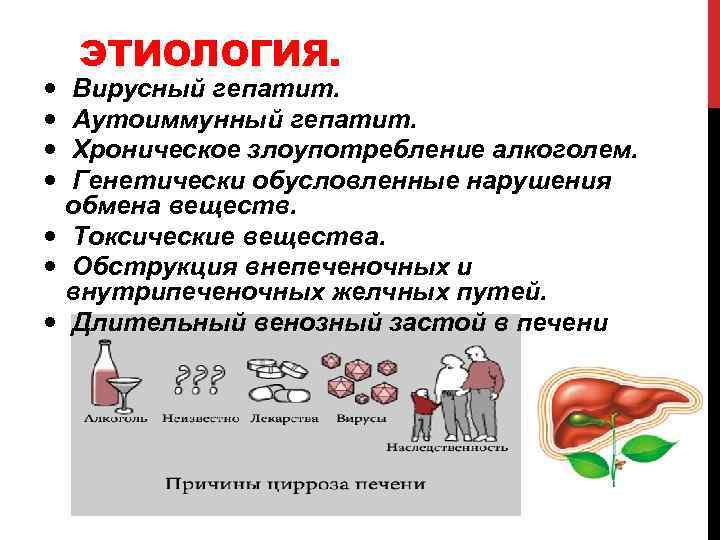 ЭТИОЛОГИЯ. Вирусный гепатит. Аутоиммунный гепатит. Хроническое злоупотребление алкоголем. Генетически обусловленные нарушения обмена веществ. Токсические