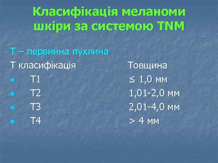 Класифікація меланоми шкіри за системою TNM Т – первинна пухлина Т класифікація n Т