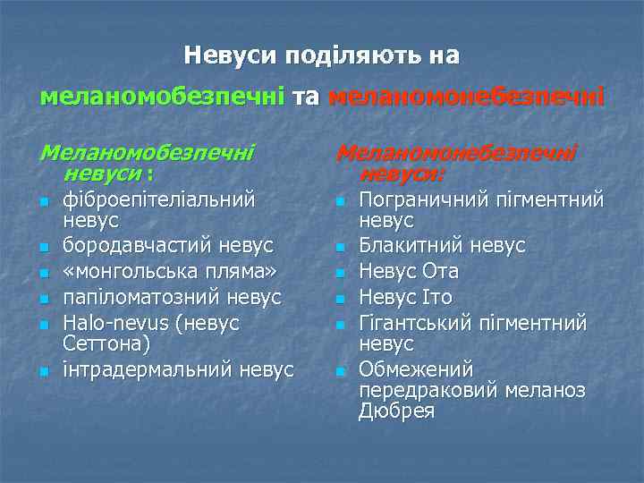 Невуси поділяють на меланомобезпечні та меланомонебезпечні Меланомобезпечні невуси : Меланомонебезпечні невуси: n n n