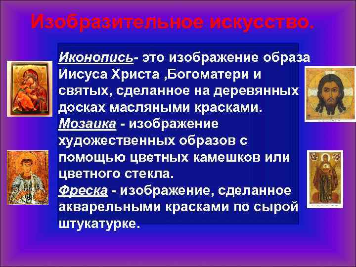 Изобразительное искусство. Иконопись- это изображение образа Иконопись Иисуса Христа , Богоматери и святых, сделанное