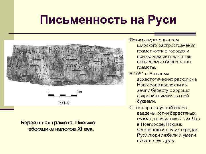 Письменность на Руси Берестяная грамота. Письмо сборщика налогов XI век. Ярким свидетельством широкого распространения