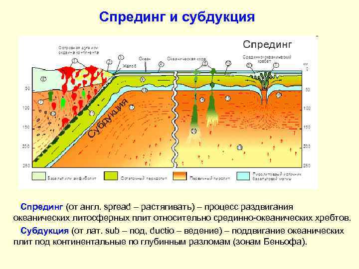 Спрединг и субдукция Спрединг (от англ. spread – растягивать) – процесс раздвигания океанических литосферных