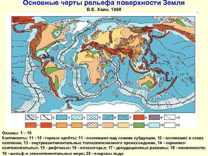 Основные черты рельефа поверхности Земли В. Е. Хаин, 1998 Океаны: 1 – 10 Континенты: