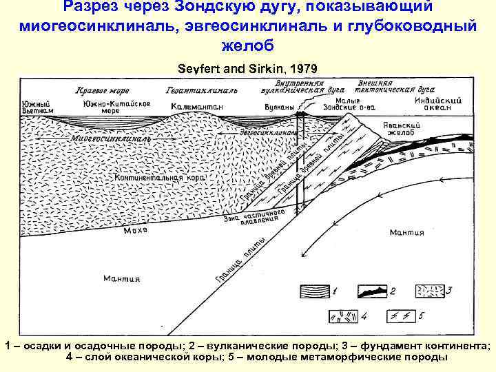 Разрез через Зондскую дугу, показывающий миогеосинклиналь, эвгеосинклиналь и глубоководный желоб Seyfert and Sirkin, 1979