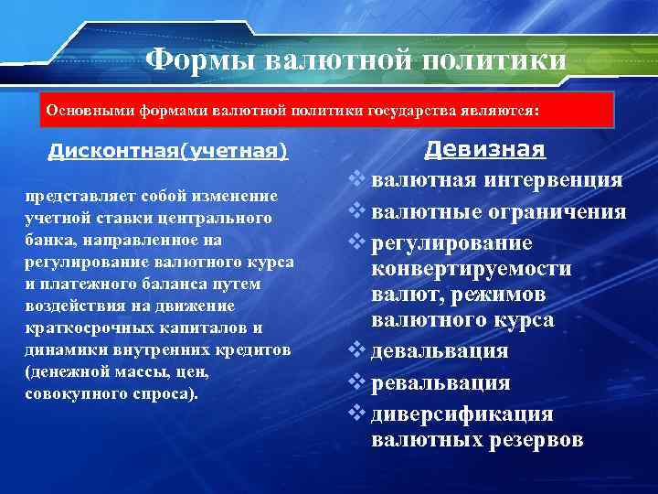 Инструменты валютной политики. Формы валютной политики. Дисконтная и девизная валютная политика.