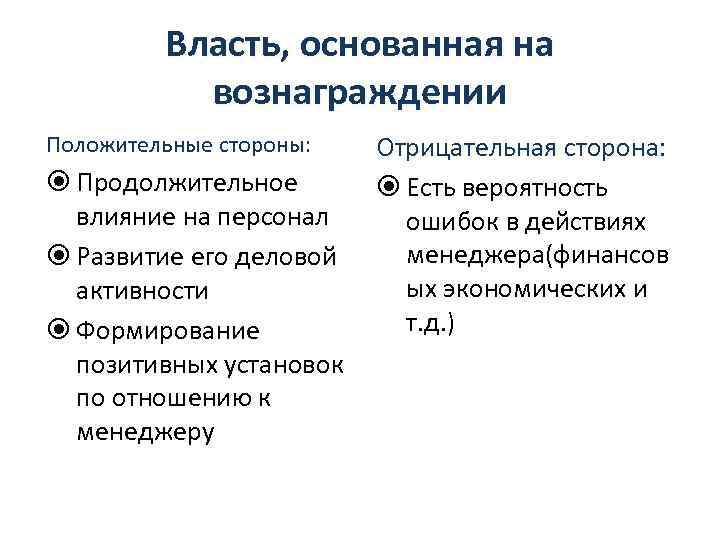 Власть, основанная на вознаграждении Положительные стороны: Продолжительное влияние на персонал Развитие его деловой активности