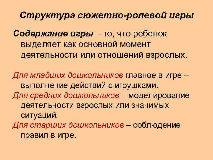 Структура сюжетно-ролевой игры Содержание игры – то, что ребенок выделяет как основной момент деятельности