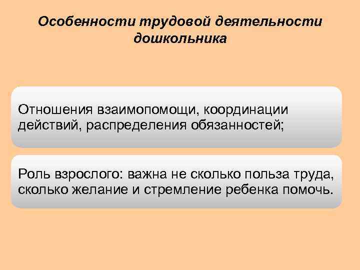 Особенности трудовой деятельности дошкольника Отношения взаимопомощи, координации действий, распределения обязанностей; Роль взрослого: важна не