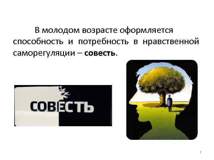 В молодом возрасте оформляется способность и потребность в нравственной саморегуляции – совесть 7 