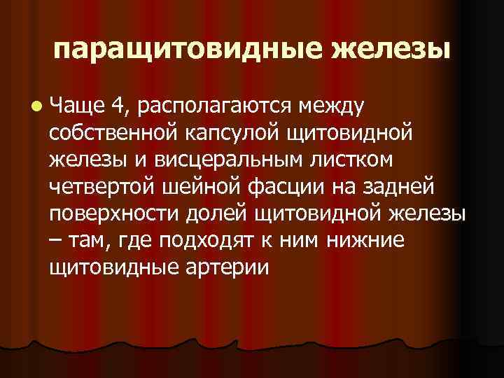 паращитовидные железы l Чаще 4, располагаются между собственной капсулой щитовидной железы и висцеральным листком