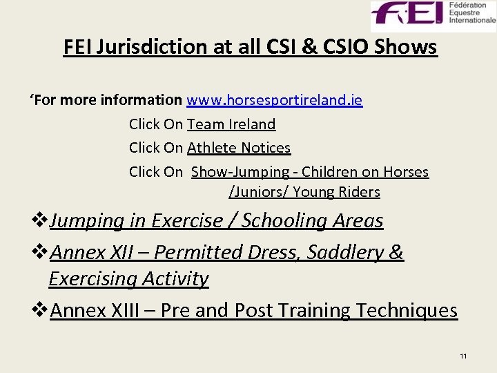 FEI Jurisdiction at all CSI & CSIO Shows ‘For more information www. horsesportireland. ie