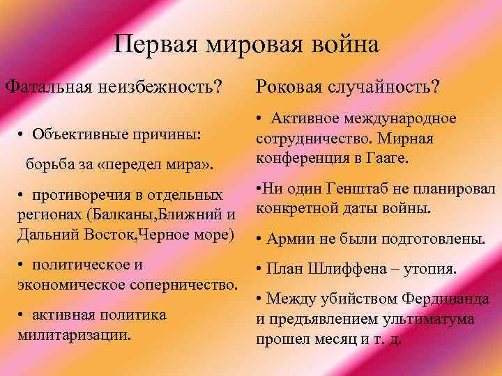 Первая мировая война Фатальная неизбежность? • Объективные причины: борьба за «передел мира» . Роковая