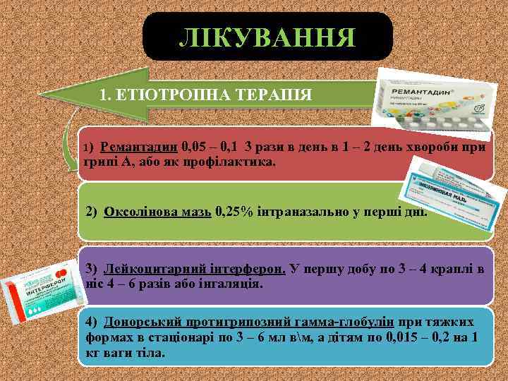 ЛІКУВАННЯ 1. ЕТІОТРОПНА ТЕРАПІЯ 1) Ремантадин 0, 05 – 0, 1 3 рази в