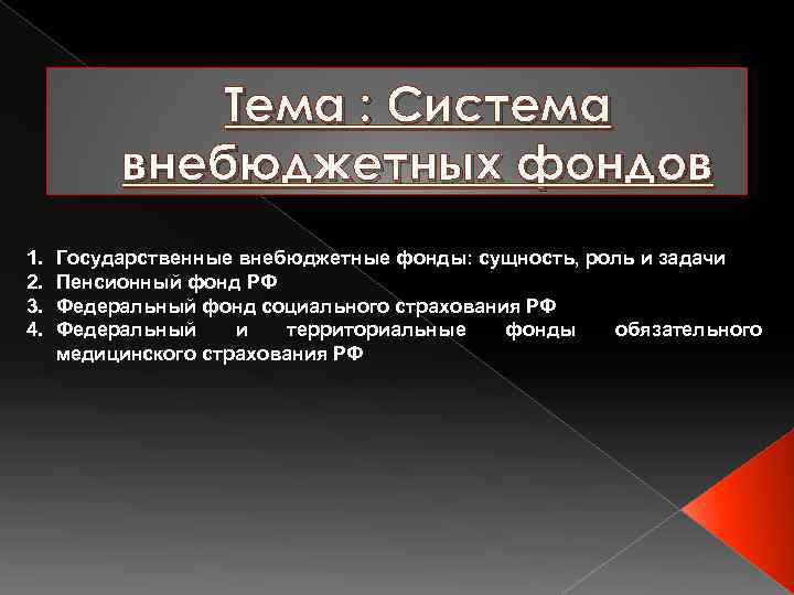Тема : Система внебюджетных фондов 1. 2. 3. 4. Государственные внебюджетные фонды: сущность, роль